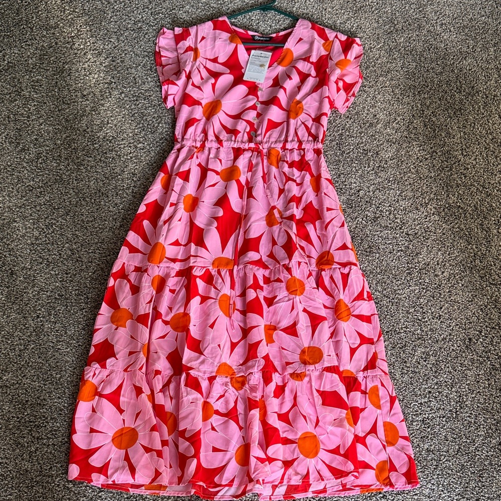 Vibrant Floral Pink and Orange Dress